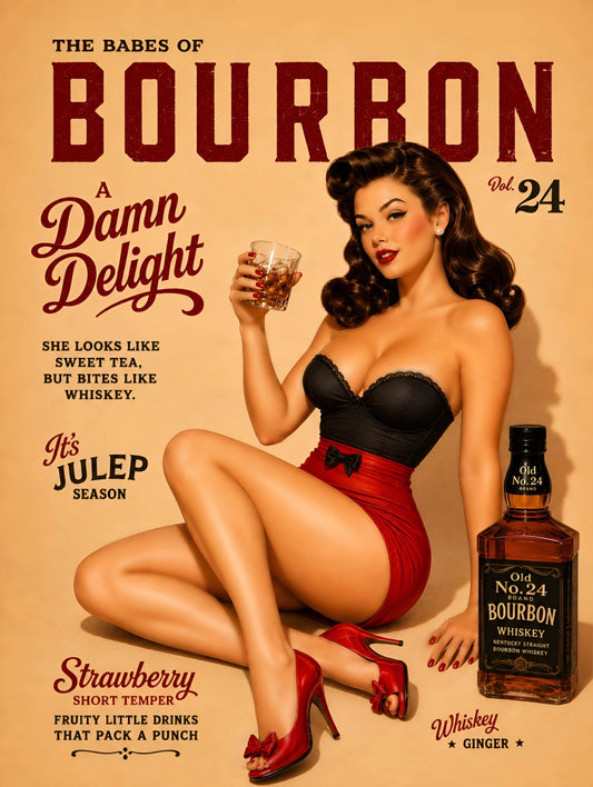 Bourbon Bombshell vintage pinup artwork featuring a glamorous brunette woman with bourbon-inspired retro styling