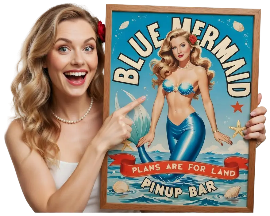 Woman pointing at a Blue Mermaid pin-up bar sign