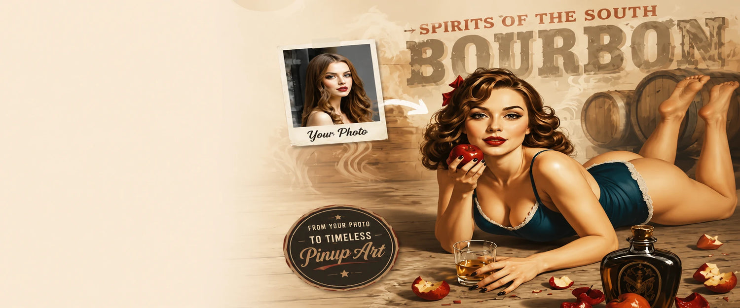 Vintage-style advertisement with a woman holding an apple, surrounded by fruits and a bottle, with a photo frame overlay.