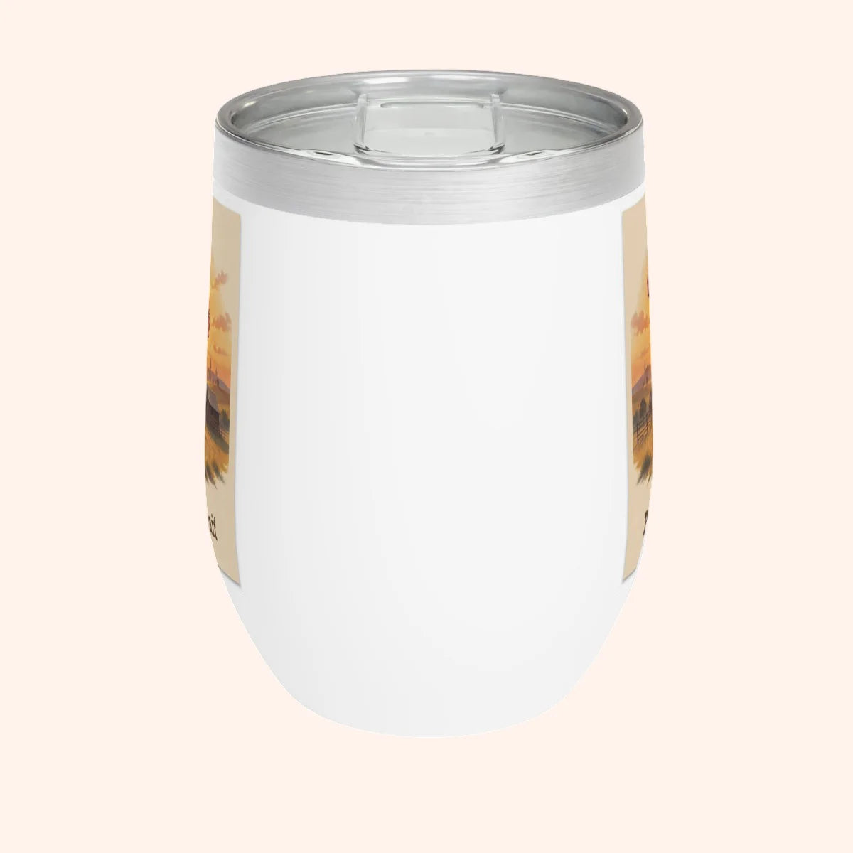 White tumbler with a clear lid on a light beige background