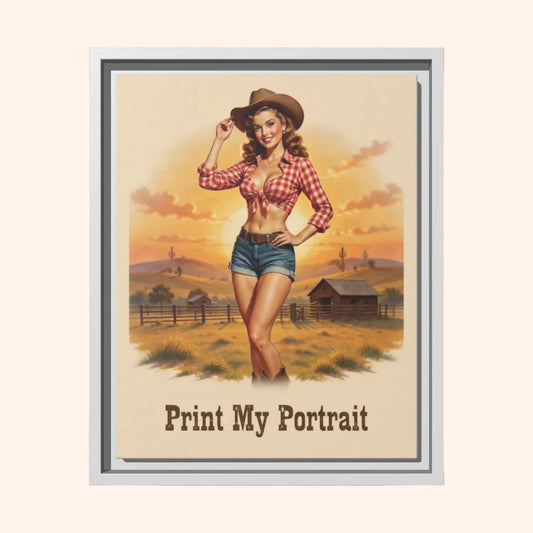 Vintage-style poster of a woman in a cowboy hat and plaid shirt with a sunset landscape.