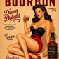 Bourbon Bombshell vintage pinup artwork featuring a glamorous brunette woman with bourbon-inspired retro styling