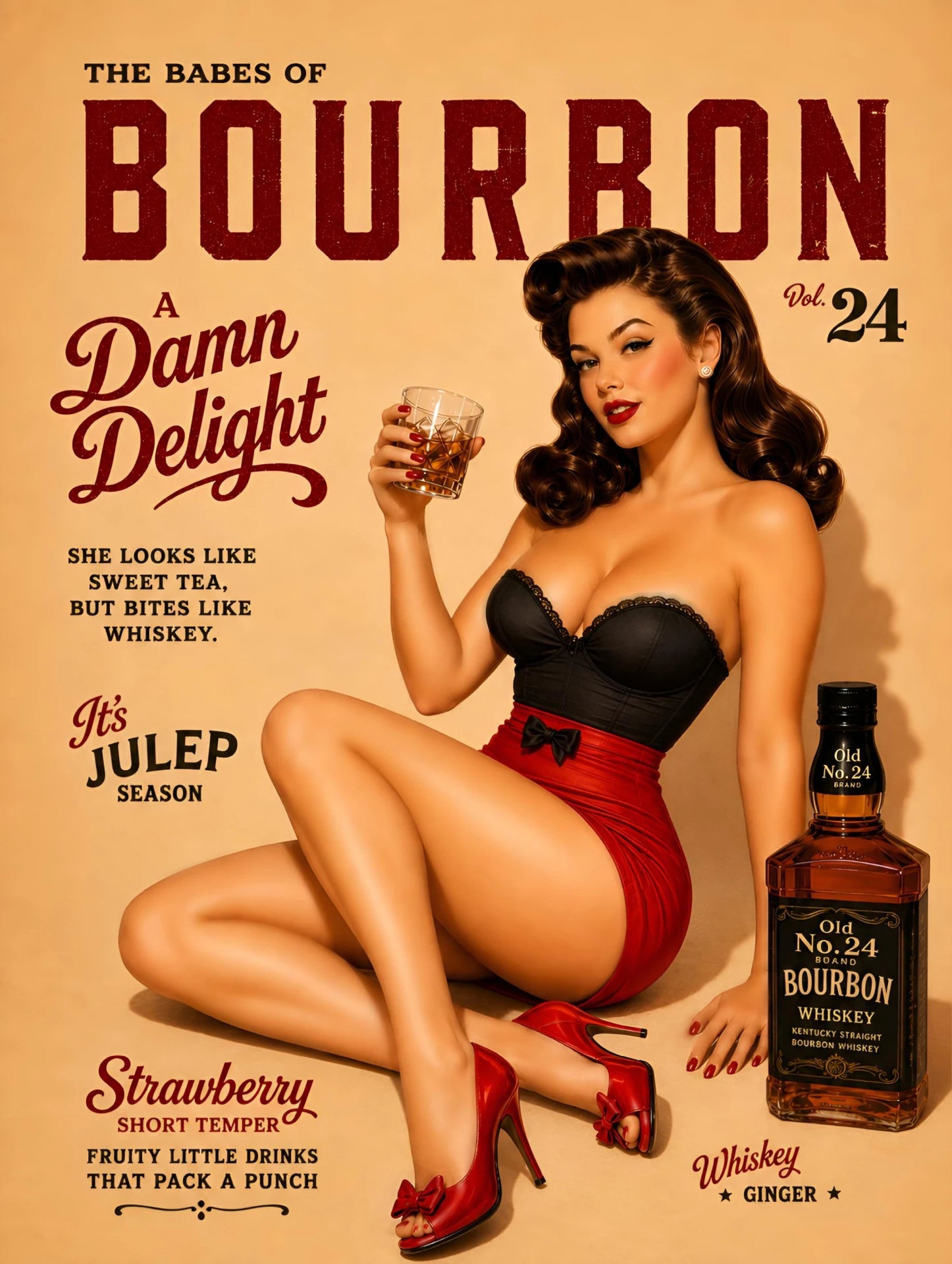 Bourbon Bombshell vintage pinup artwork featuring a glamorous brunette woman with bourbon-inspired retro styling