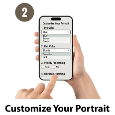 Hand holding a smartphone with portrait customization app on screen
