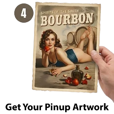 Vintage-style poster of a woman with text 'Spirits of the South Bourbon' held by a hand.
