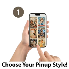 Hand holding a smartphone displaying a pinup-style app with text 'Choose Your Pinup Style!'.
