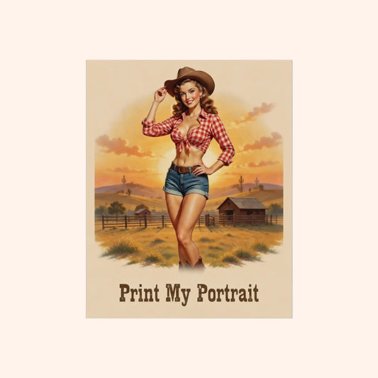 Vintage-style poster of a woman in a cowboy hat and plaid shirt with a sunset landscape.