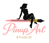 Logo of Pinup Art Studio with a silhouette of a woman sitting on a pen.