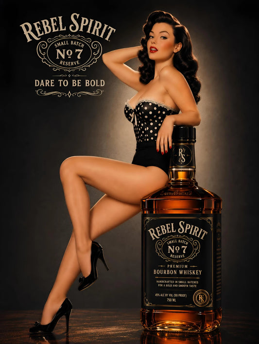 Rebel Spirit vintage bourbon pinup artwork featuring a glamorous retro woman beside a bourbon bottle