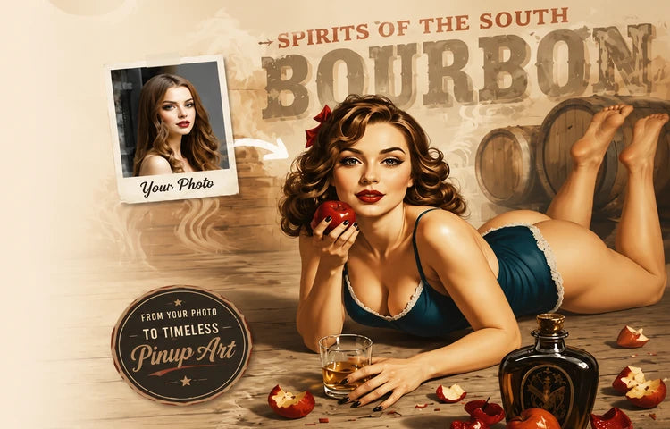 Pin-up style woman with a glass of bourbon and apples in front of a Bourbon sign.