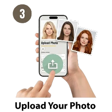 Hand holding a smartphone with photo selection interface on screen, featuring three uploaded photos of people.