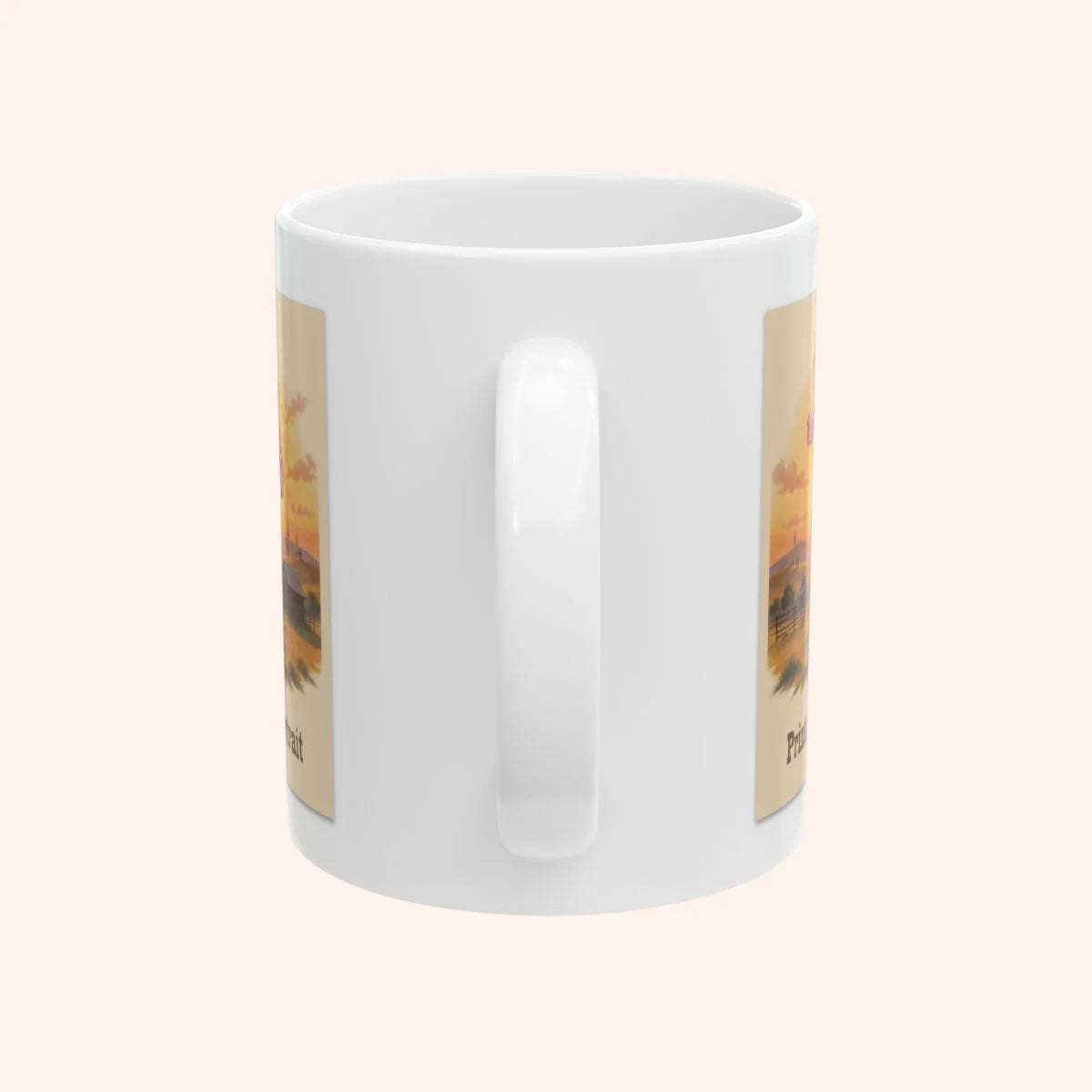 White mug with printed design on a white background