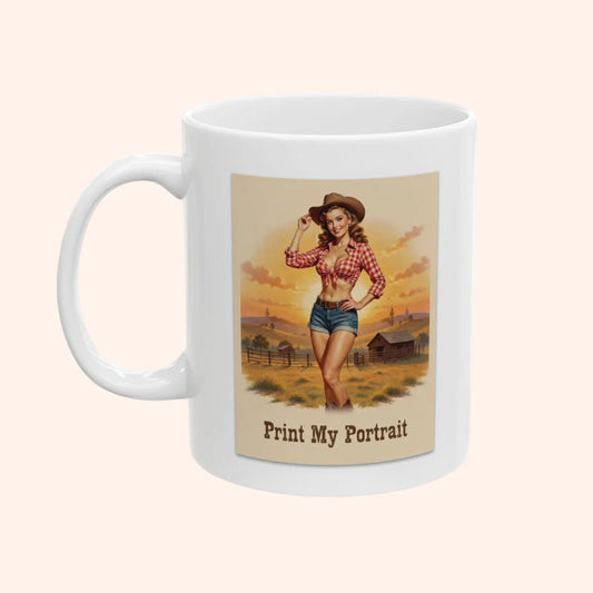White mug with a graphic of a woman in a cowboy hat and plaid shirt on a desert landscape, with 'Print My Portrait' text.