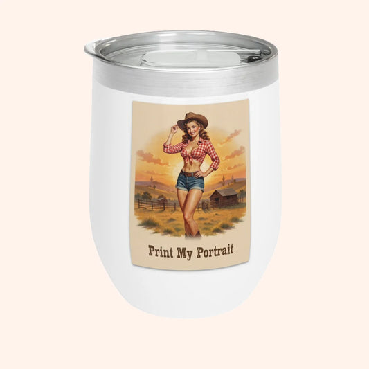 Tumbler with a printed design of a woman in a cowboy hat and plaid shirt on a white background