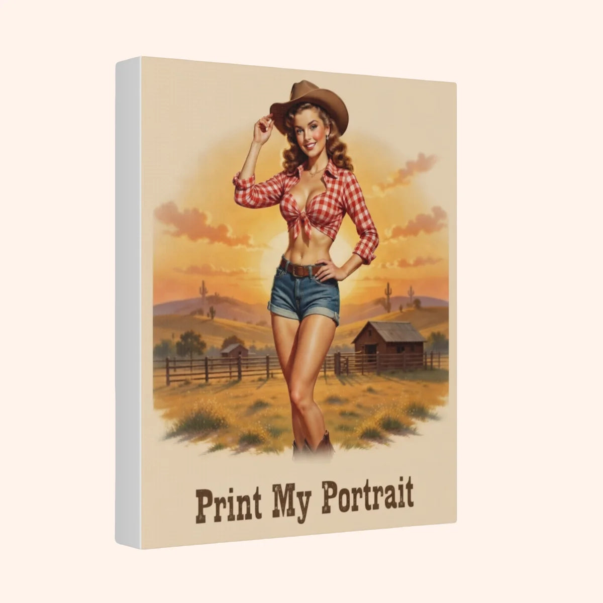 Canvas print with a woman in a cowboy hat and plaid shirt standing in a field with 'Print My Portrait' text.