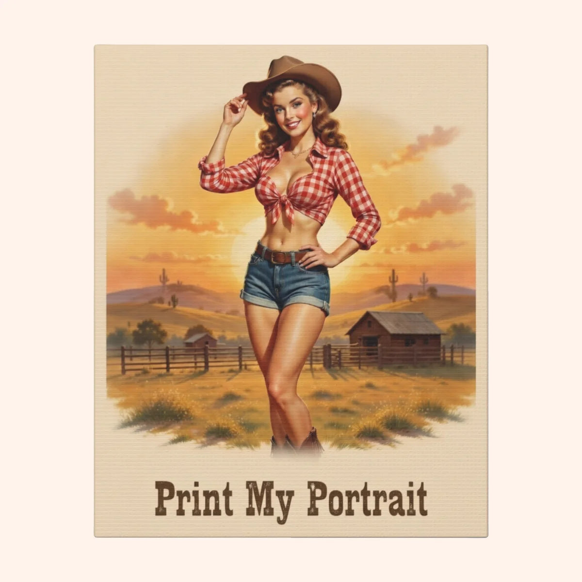 Vintage-style poster of a woman in a cowboy hat and checkered shirt with a sunset landscape.