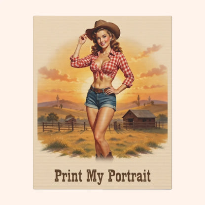 Vintage-style poster of a woman in a cowboy hat and checkered shirt with a sunset landscape.