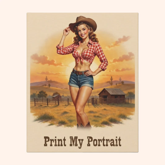 Vintage-style poster of a woman in a cowboy hat and checkered shirt with a sunset landscape.