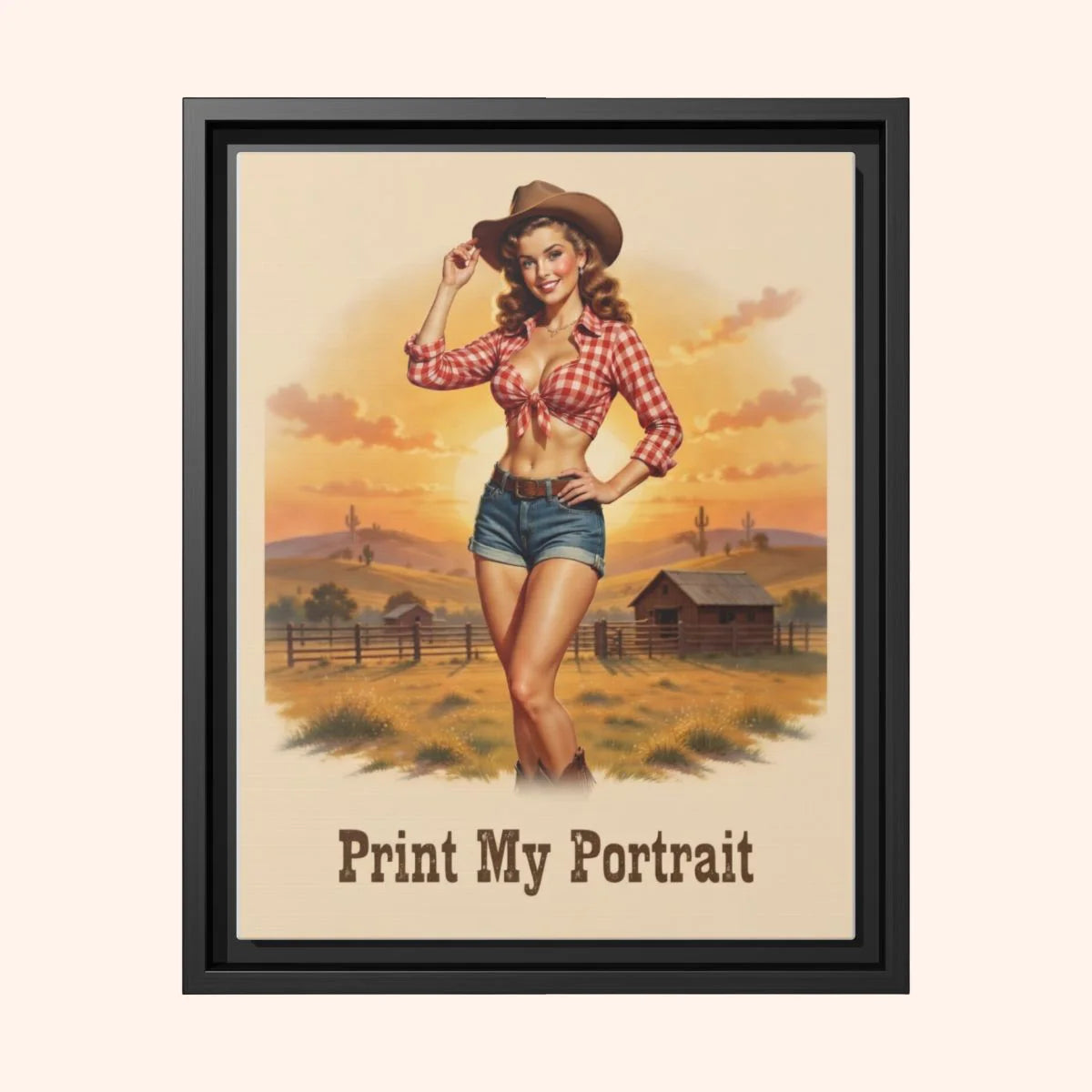 Framed poster of a woman in a cowboy hat and plaid shirt with a sunset landscape.