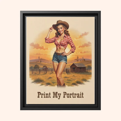 Framed poster of a woman in a cowboy hat and plaid shirt with a sunset landscape.