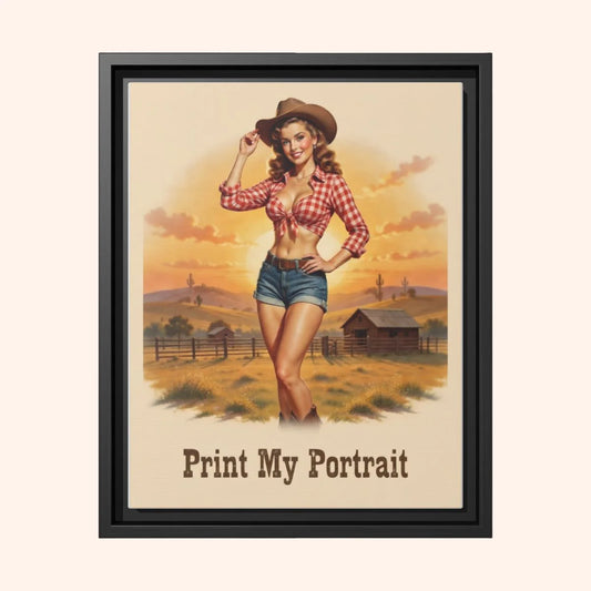 Framed poster of a woman in a cowboy hat and plaid shirt with a sunset landscape.
