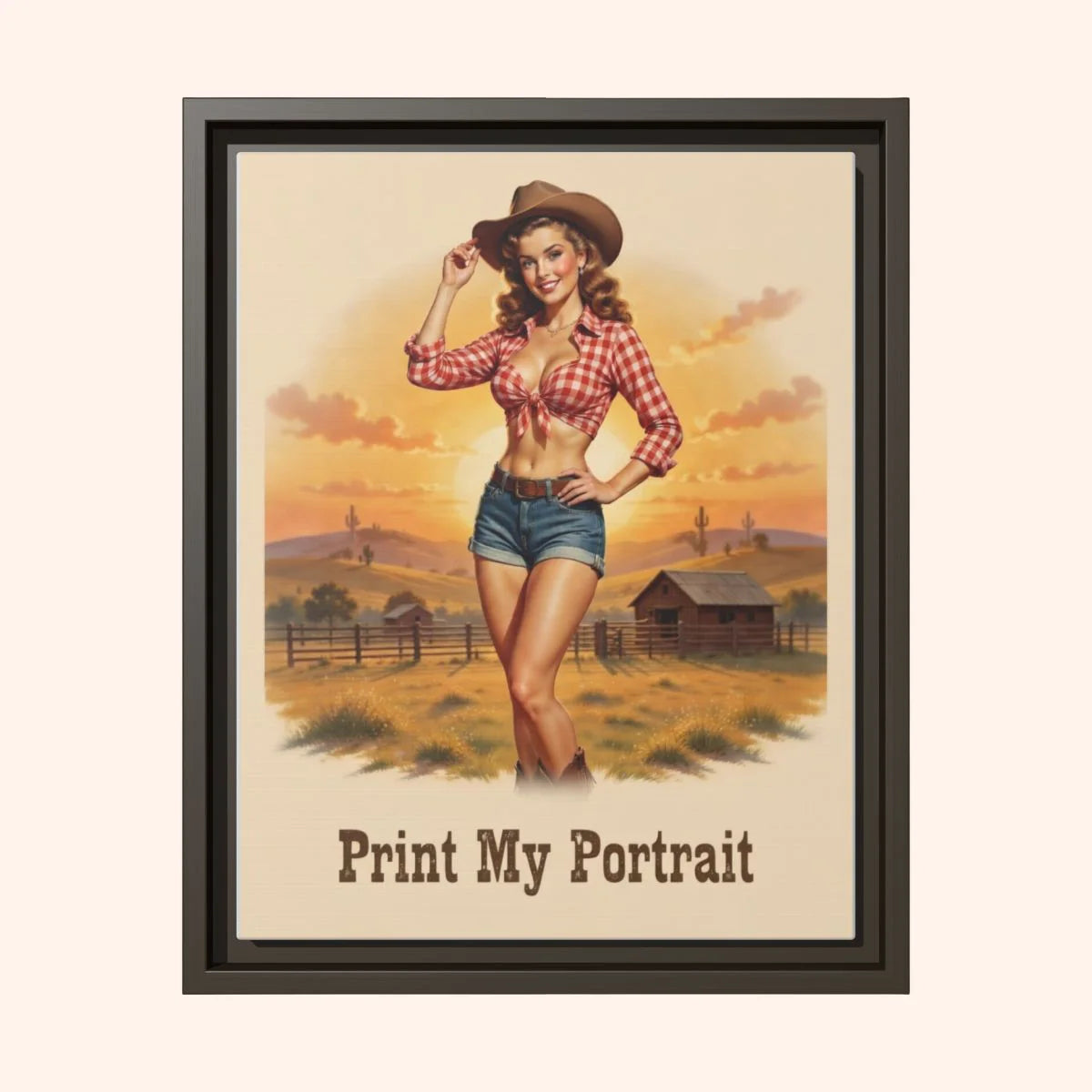 Framed poster of a woman in a cowboy hat and checkered shirt with a sunset landscape.